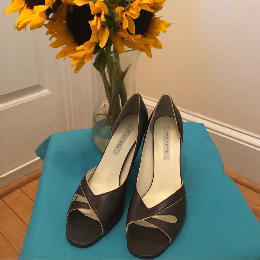 Brown Leather Peep Toe Heeled Pumps